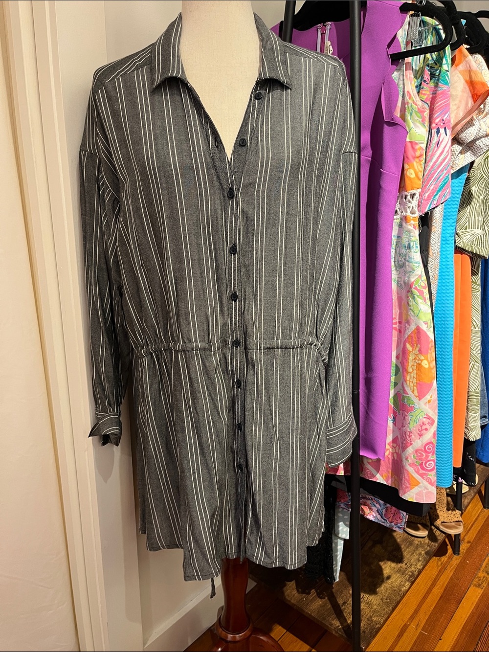 O'Neill Gray and White Striped Long-Sleeve Shirt Dress